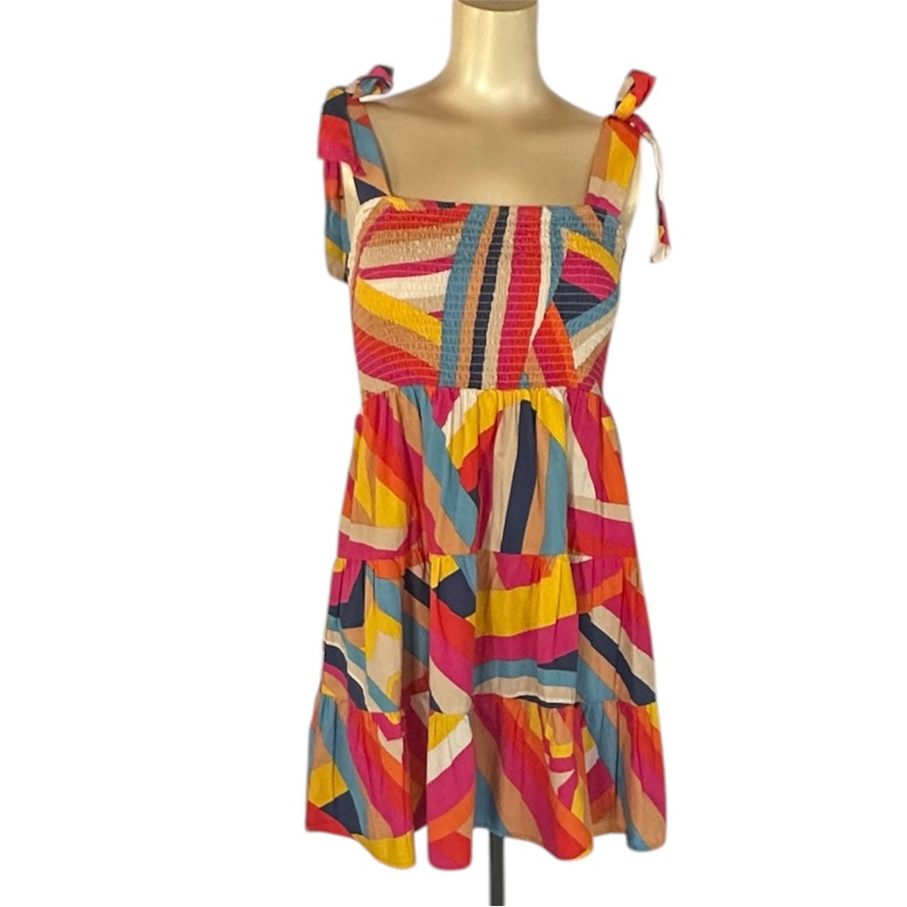 Flying Tomato Smocked Tie Strap Multicolor Geometric Tiered Mini Dress Medium